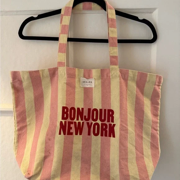 Sezane Pink and Yellow Striped Tote Bag “Bonjour New York” - Picture 1 of 3